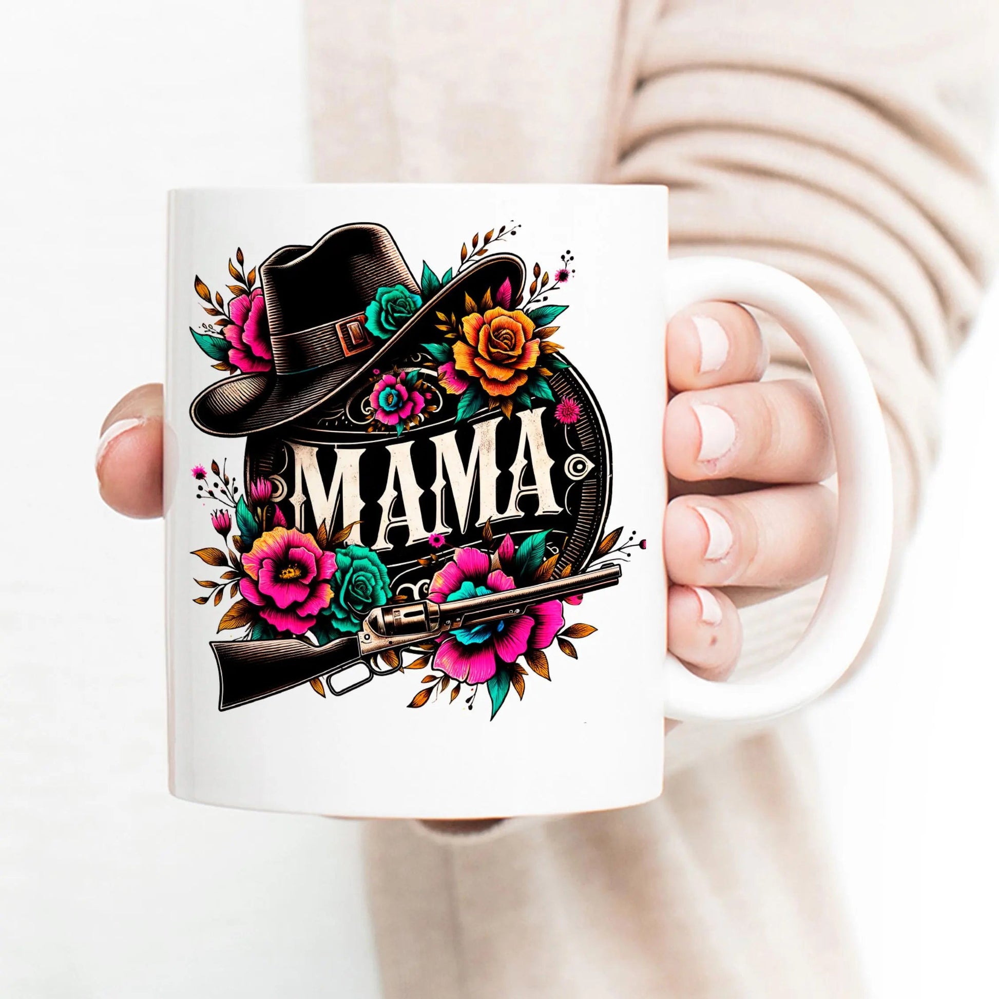 Cowgirl Mama Mug Western Floral Coffee Cup with Hat and Shotgun Design, Mother's Day Gift for Mom 11oz or 15oz, Rustic Country Style Joyful Moose