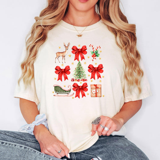 Comfort Colors Christmas T-shirt, Vintage Holiday Graphic Tee, Cozy Festive Reindeer Sleigh Bows Candy Cane Gift Top Joyful Moose
