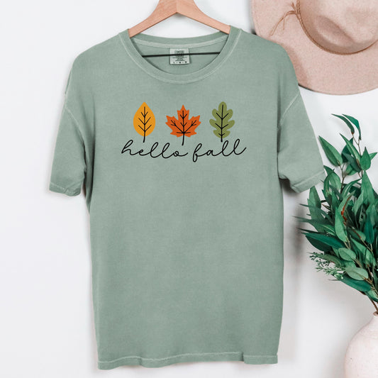 Comfort Colors T-shirt Minimalistic Hello Fall with Leaves Graphic, Vintage Style Cozy Fall Top, Gift for Autumn, Relaxed Fit Casual Tee Joyful Moose