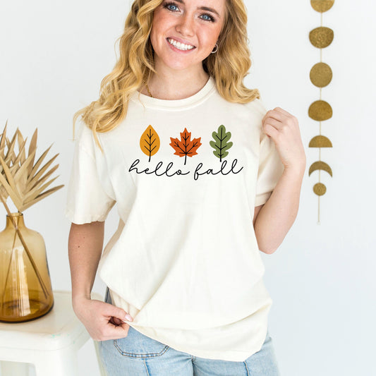 Comfort Colors T-shirt Minimalistic Hello Fall with Leaves Graphic, Vintage Style Cozy Fall Top, Gift for Autumn, Relaxed Fit Casual Tee Joyful Moose