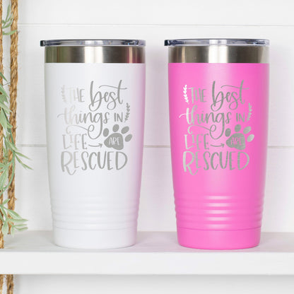 Dog Rescue Tumbler 20 oz Insulated Travel Mug, Pet Lover Gift, White Stainless Steel, Keeps Hot and Cold Drinks, Paw Print Design Joyful Moose