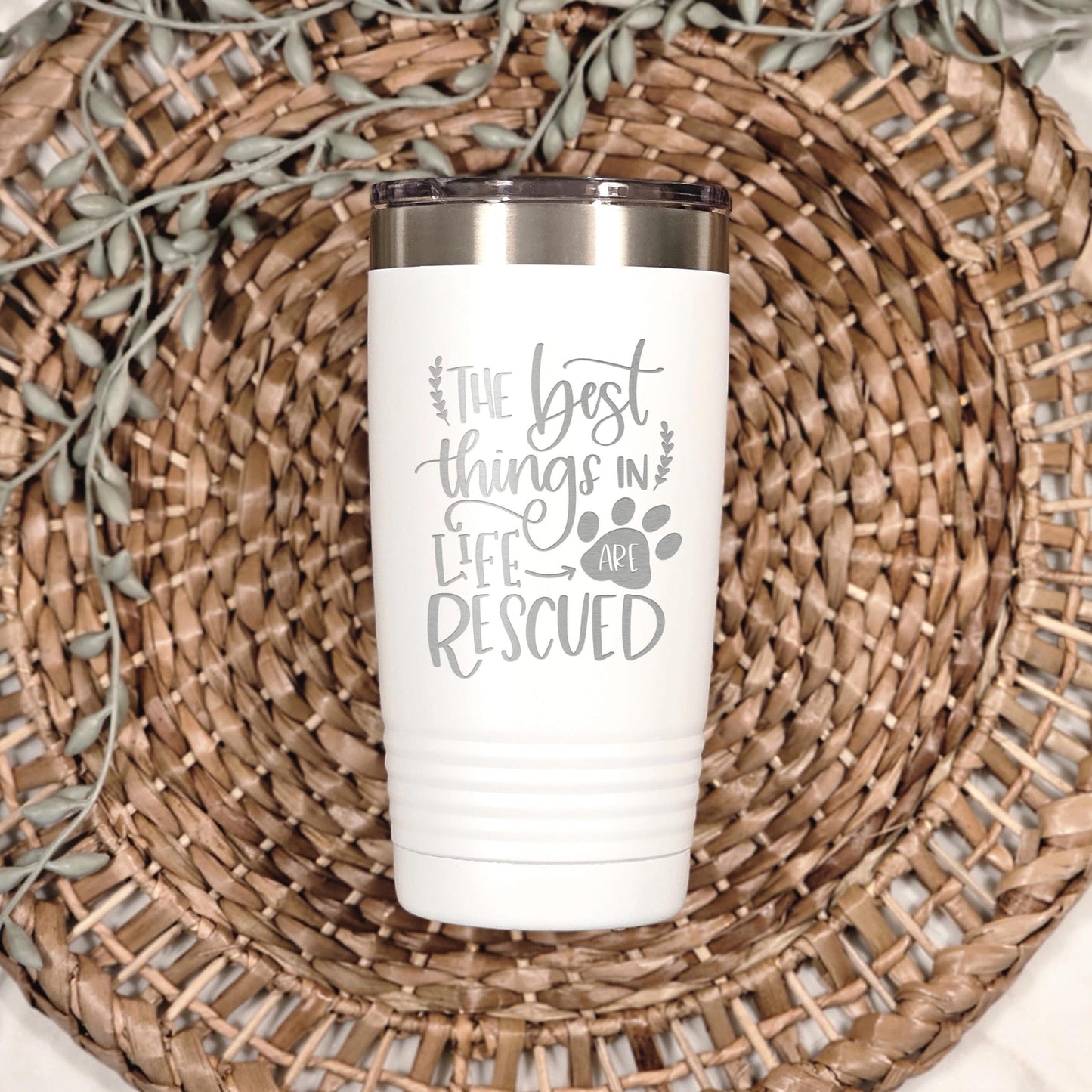 Dog Rescue Tumbler 20 oz Insulated Travel Mug, Pet Lover Gift, White Stainless Steel, Keeps Hot and Cold Drinks, Paw Print Design Joyful Moose