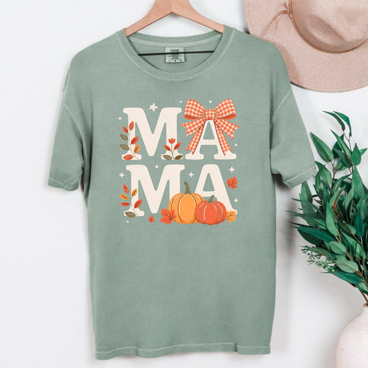 Comfort Colors T-shirt Fall Pumpkin Coquette Bow Mama Shirt, vintage style cozy tee for moms and fall outfits Joyful Moose