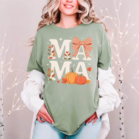 Comfort Colors T-shirt Fall Pumpkin Coquette Bow Mama Shirt, vintage style cozy tee for moms and fall outfits Joyful Moose
