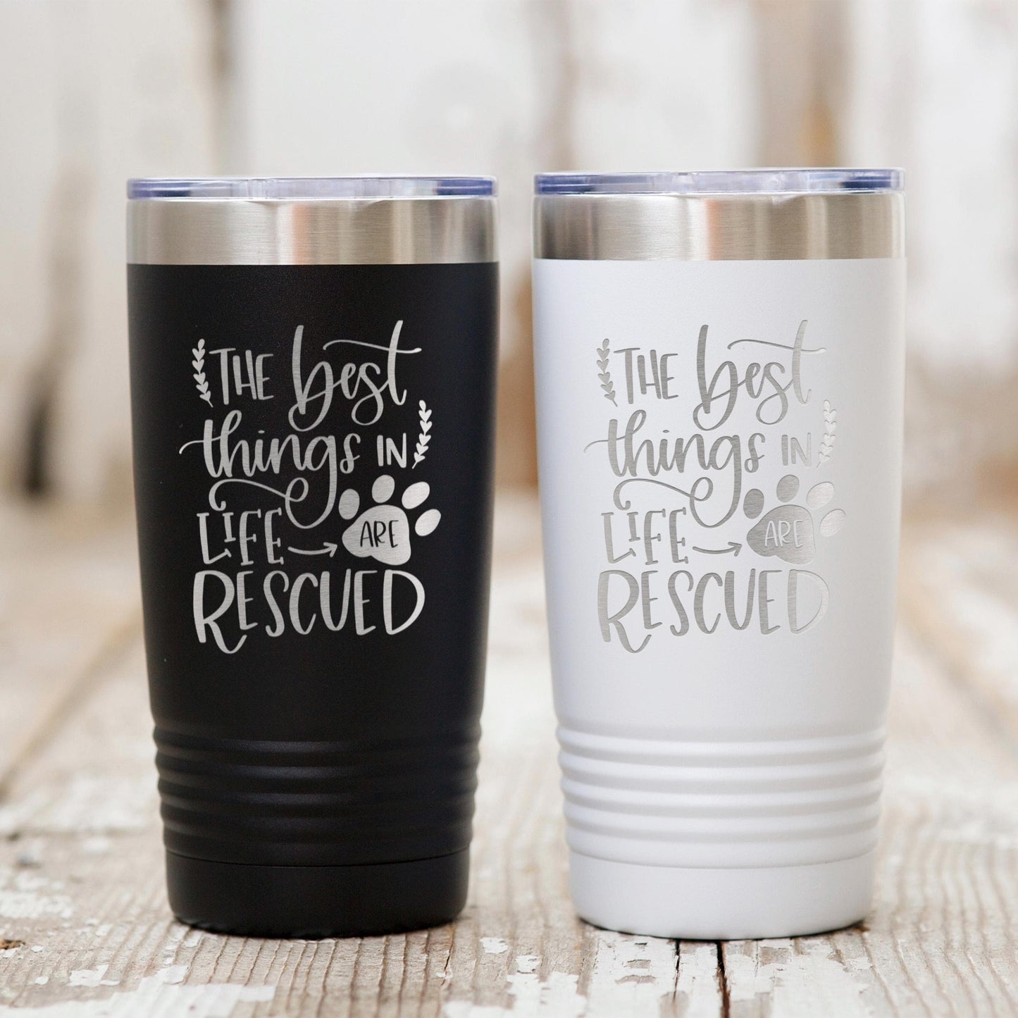 Dog Rescue Tumbler 20 oz Insulated Travel Mug, Pet Lover Gift, White Stainless Steel, Keeps Hot and Cold Drinks, Paw Print Design Joyful Moose