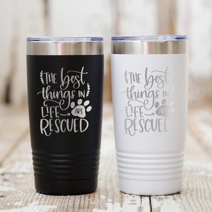 Dog Rescue Tumbler 20 oz Insulated Travel Mug, Pet Lover Gift, White Stainless Steel, Keeps Hot and Cold Drinks, Paw Print Design Joyful Moose