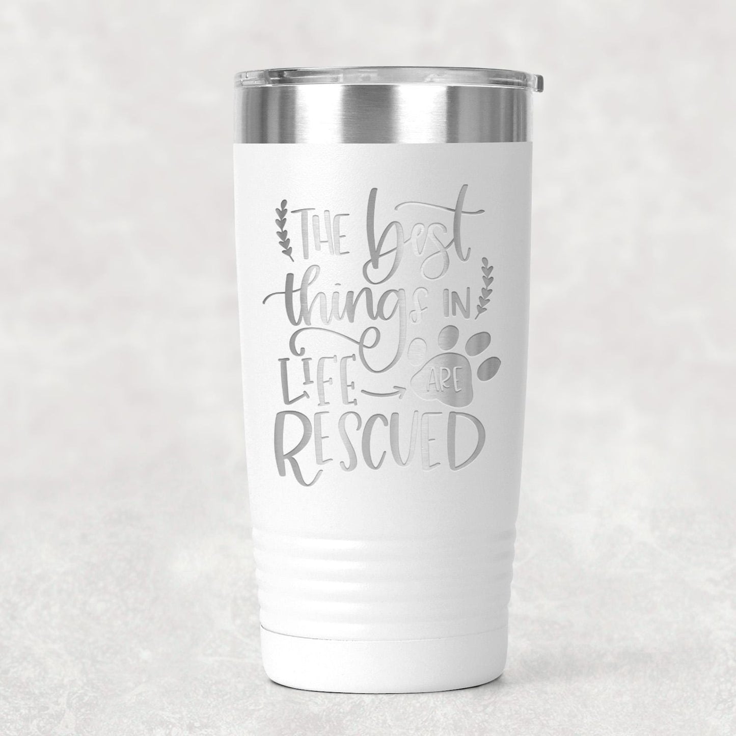 Dog Rescue Tumbler 20 oz Insulated Travel Mug, Pet Lover Gift, White Stainless Steel, Keeps Hot and Cold Drinks, Paw Print Design Joyful Moose
