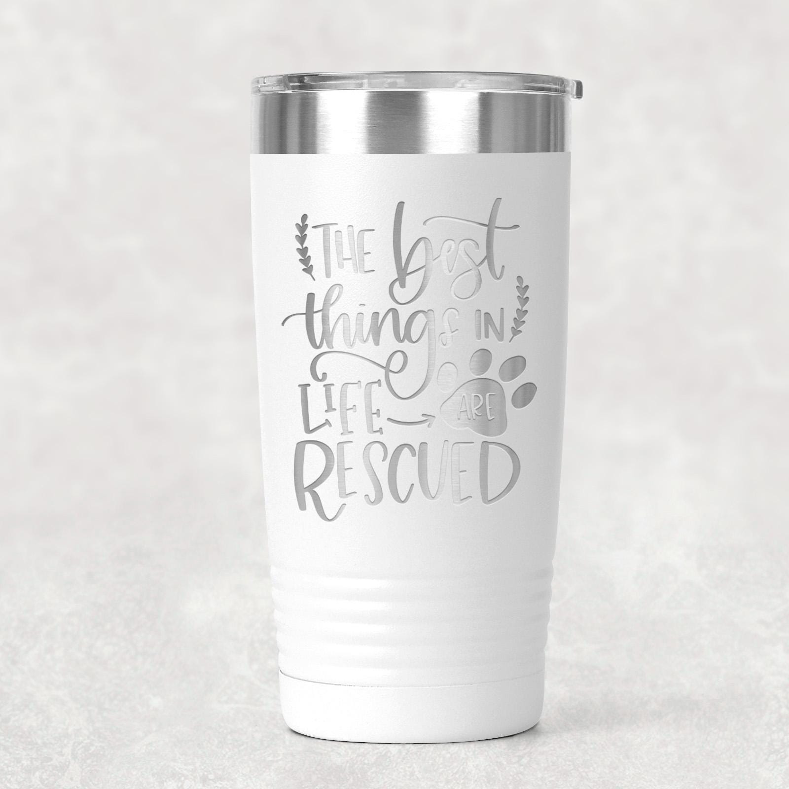 Dog Rescue Tumbler 20 oz Insulated Travel Mug, Pet Lover Gift, White Stainless Steel, Keeps Hot and Cold Drinks, Paw Print Design Joyful Moose