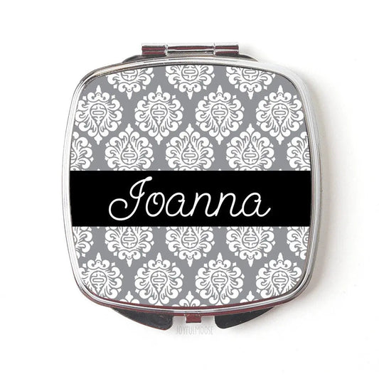 Bridesmaid Gifts Personalized Compact Mirror, Personalized Bridesmaids Gifts, Gray Damask Compact Mirrors, custom bridesmaid gifts thank you Joyful Moose