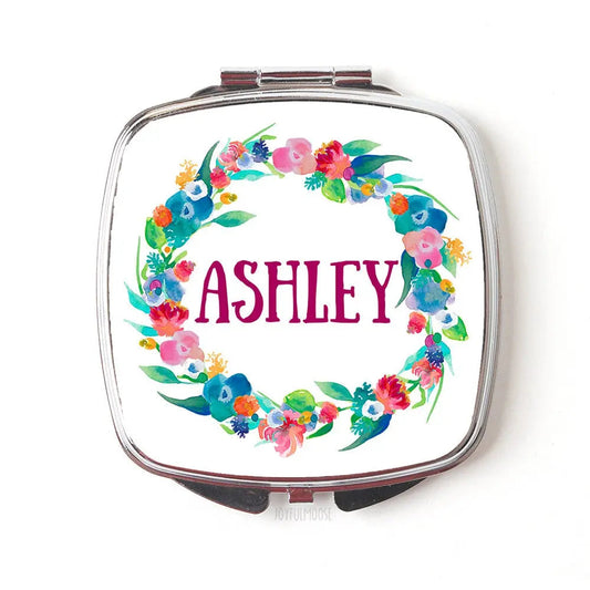 personalized bridesmaid gift, Personalized Floral Watercolor Wreath Compact Purse Mirror, Pocket Mirror for Bridal Party Joyful Moose