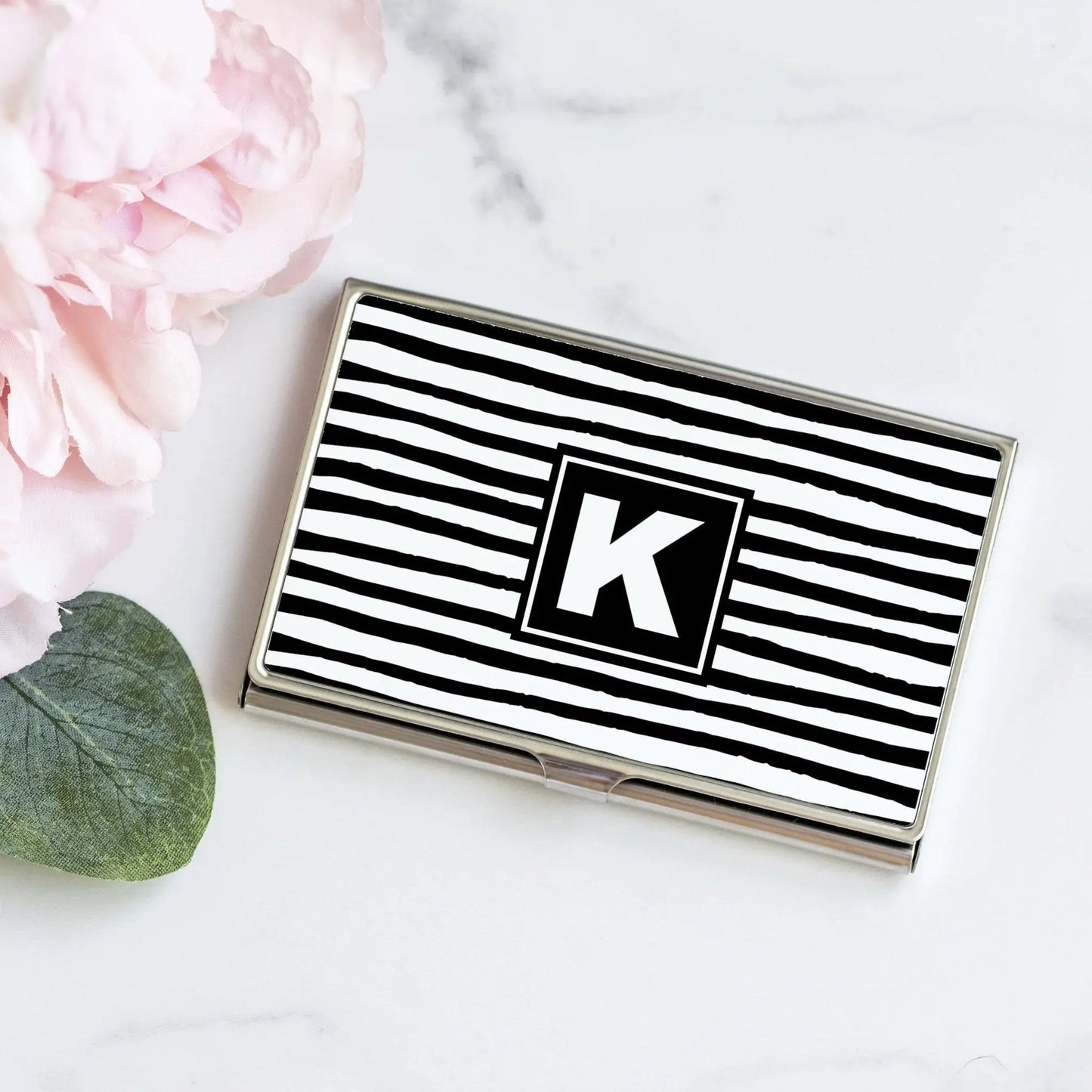 Monogram Business Card Case Gift for Women - Black White Stripe Card Holder Joyful Moose