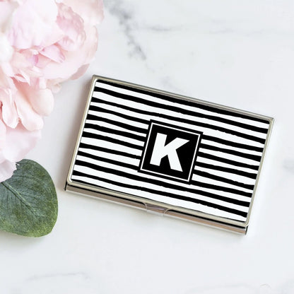 Monogram Business Card Case Gift for Women - Black White Stripe Card Holder Joyful Moose