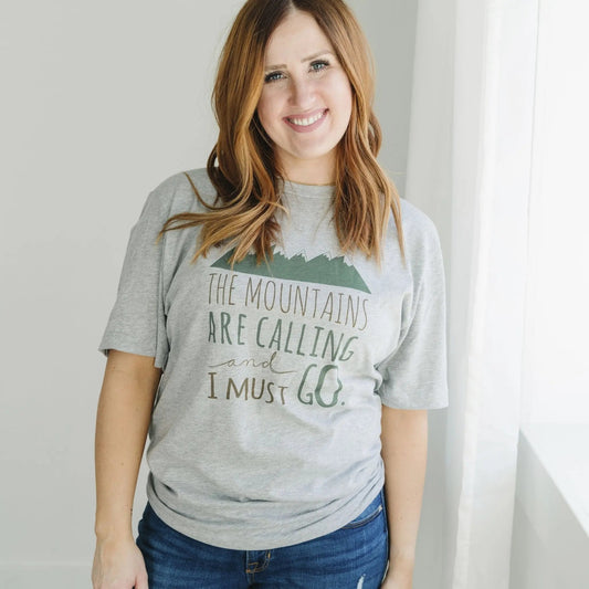 Mountain Tshirt - The Mountains are Calling and I must Go Joyful Moose