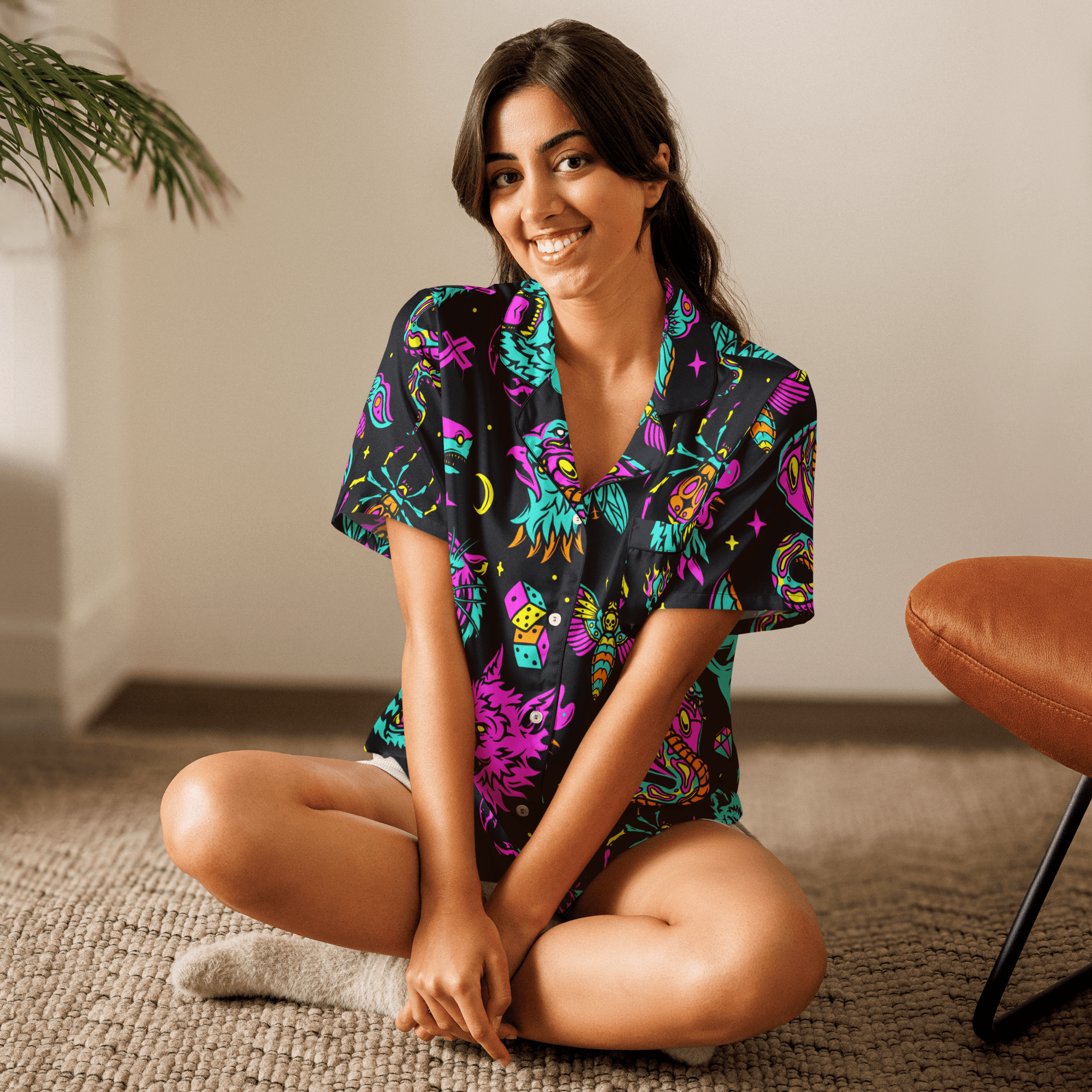 Neon Traditional Silky Pajama Top Goth Cloth Co.