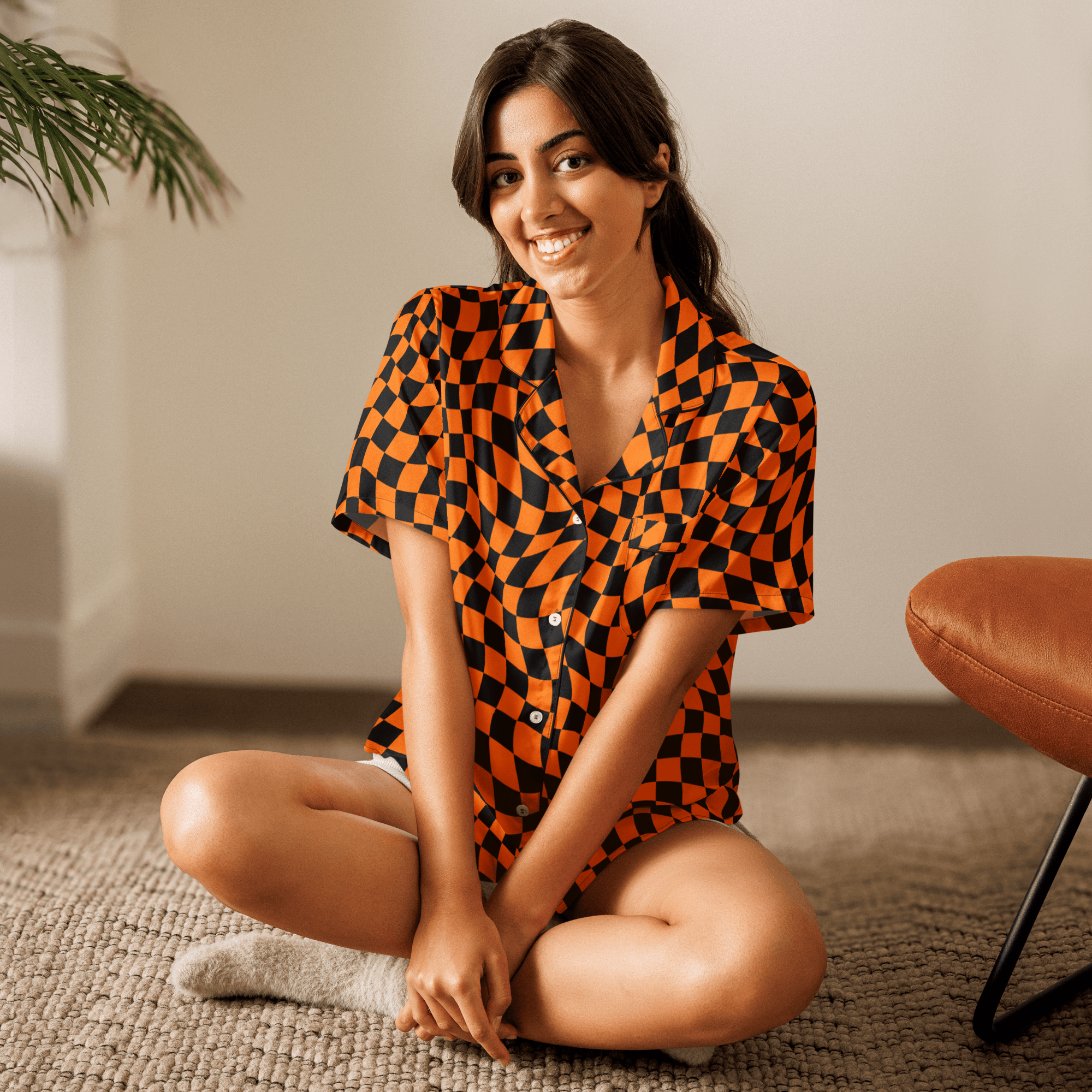 October Tiles Checkered Silky Pajama Top Goth Cloth Co.