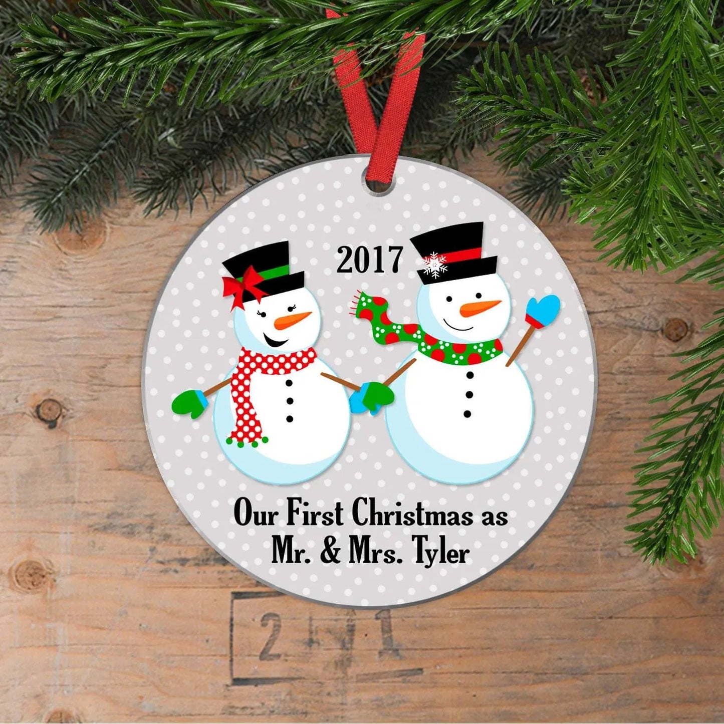 Our First Christmas Ornament, Personalized Wedding Gift, Mr & Mrs Snowmen Christmas Ornament Joyful Moose