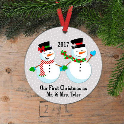 Our First Christmas Ornament, Personalized Wedding Gift, Mr & Mrs Snowmen Christmas Ornament Joyful Moose