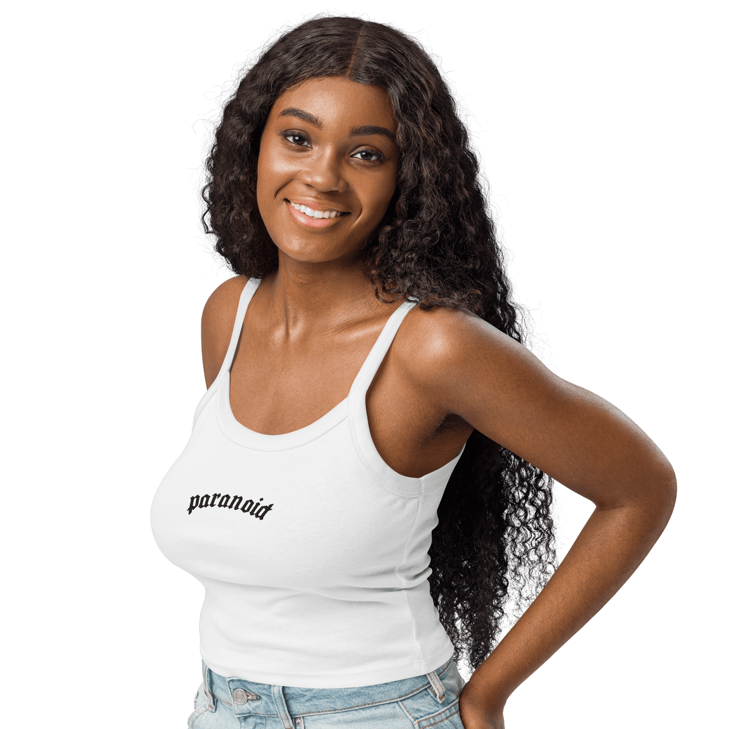 Paranoid Embroidered Ribbed Cropped Tank Top Goth Cloth Co.