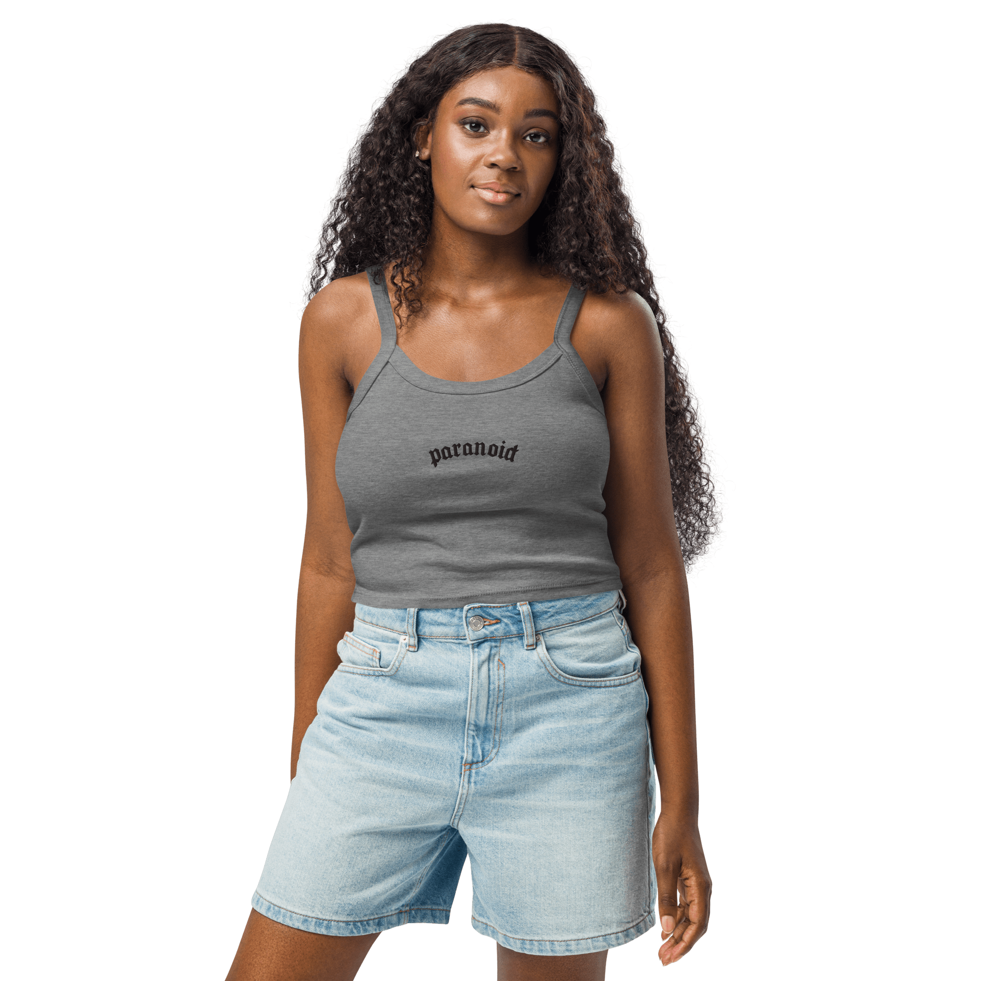 Paranoid Embroidered Ribbed Cropped Tank Top Goth Cloth Co.