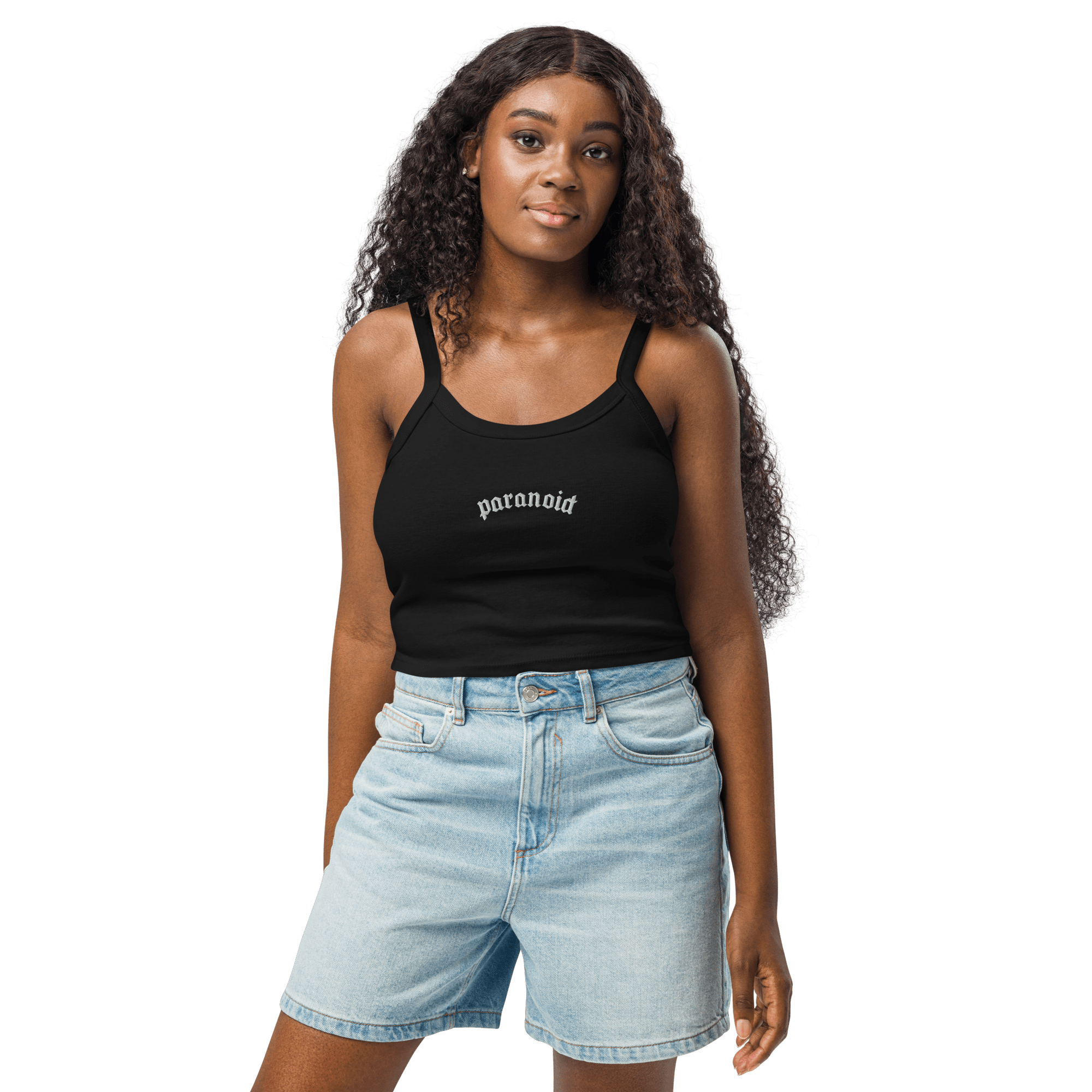 Paranoid Embroidered Ribbed Cropped Tank Top Goth Cloth Co.