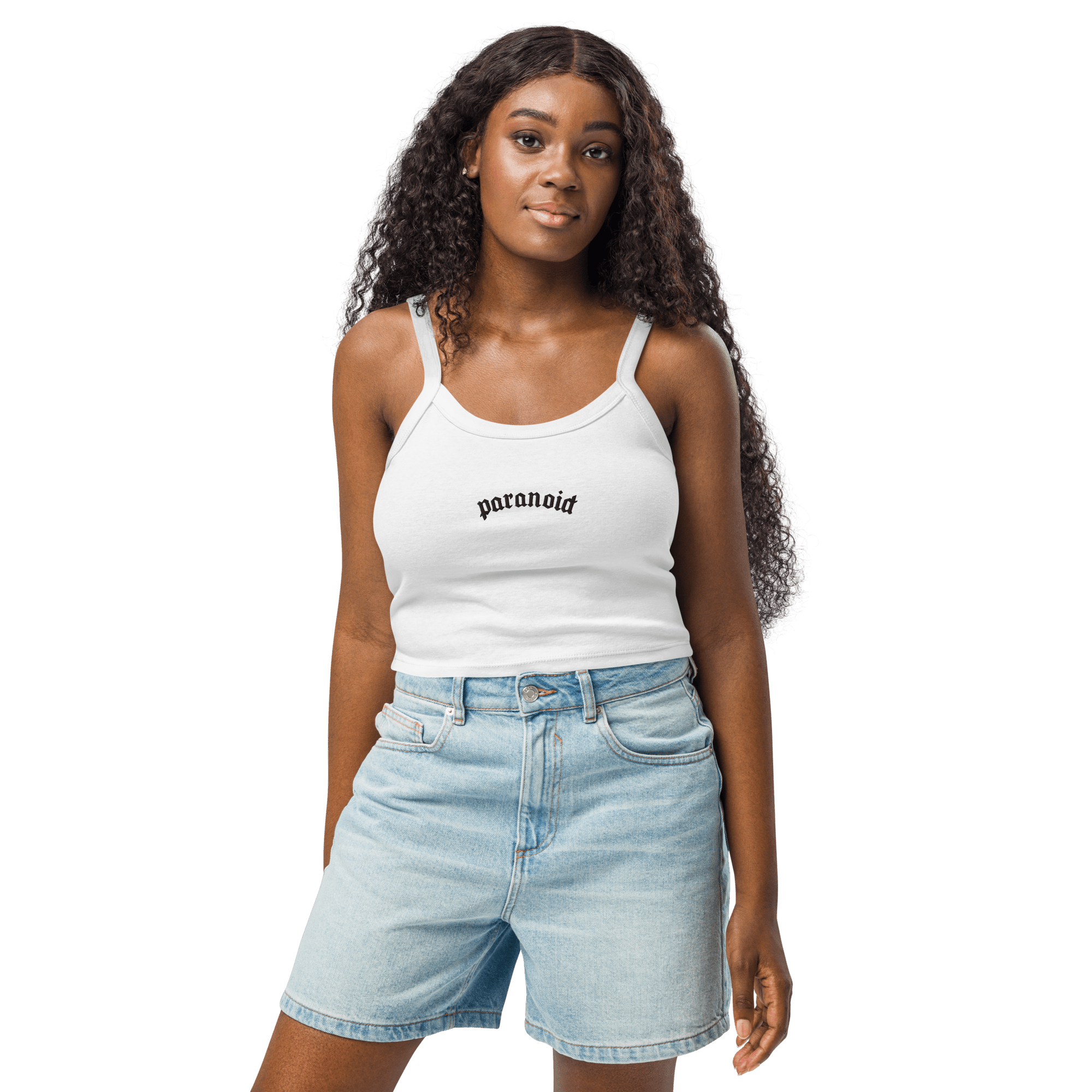 Paranoid Embroidered Ribbed Cropped Tank Top Goth Cloth Co.