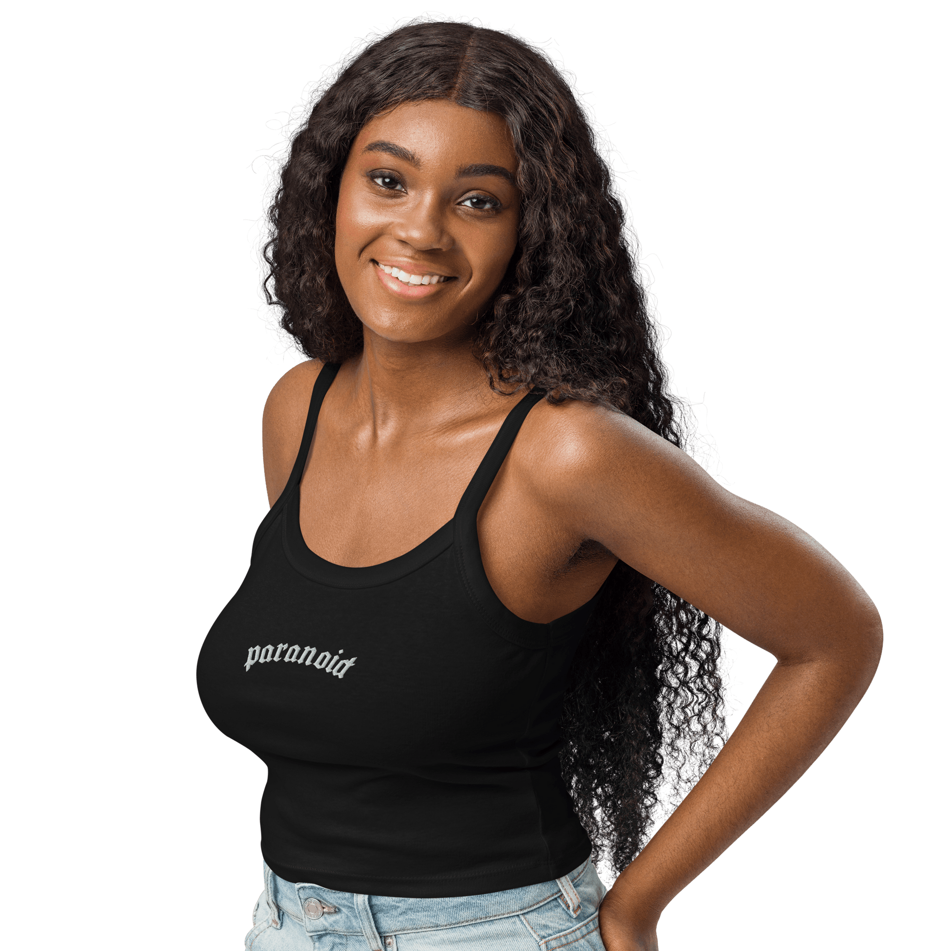 Paranoid Embroidered Ribbed Cropped Tank Top Goth Cloth Co.