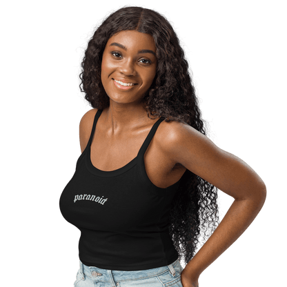 Paranoid Embroidered Ribbed Cropped Tank Top Goth Cloth Co.
