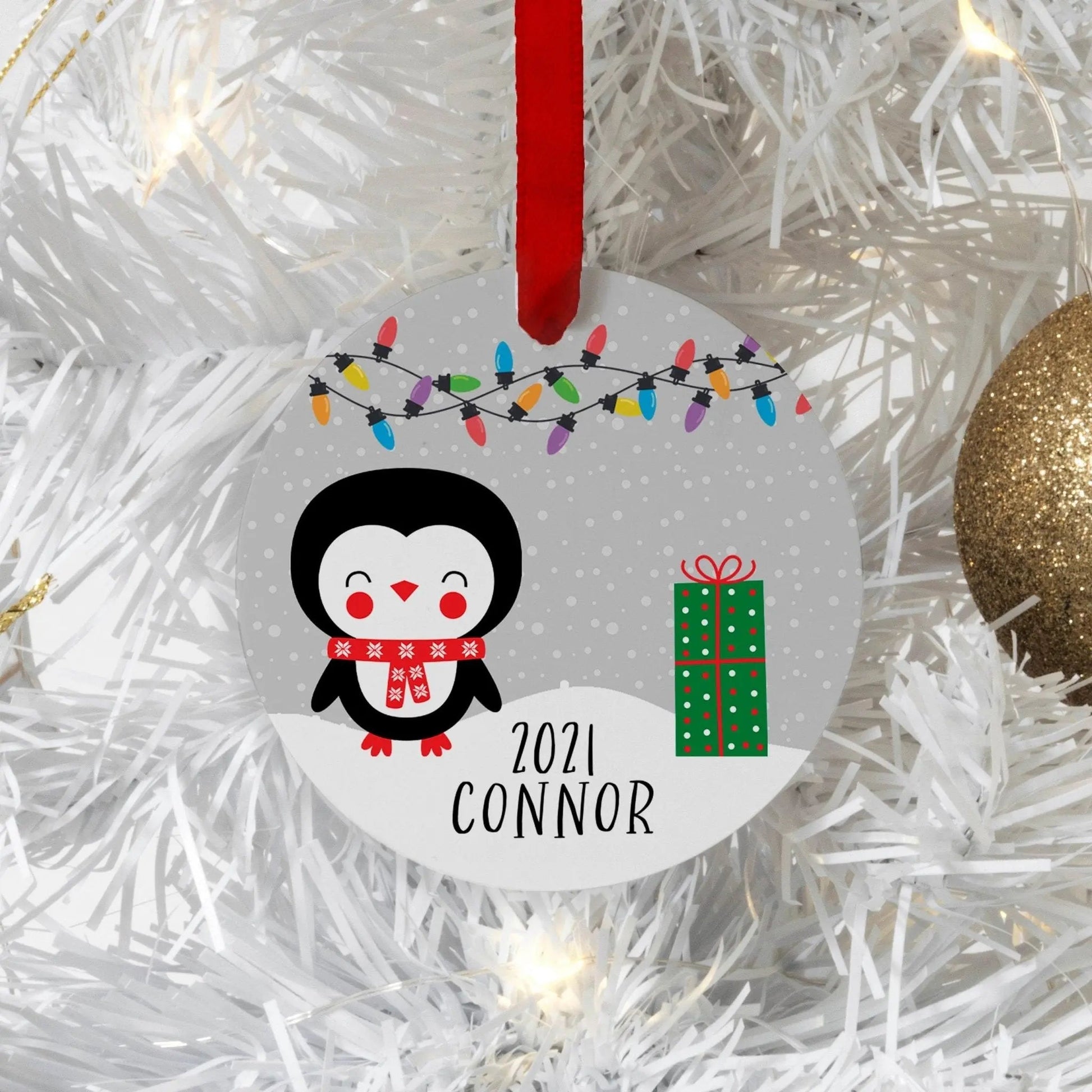 Penguin Tree Ornament, Personalized Penguin Christmas Ornament with Gifts and Lights, kids ornament personalized Joyful Moose
