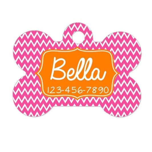 Personalized Bone Dog Tag - Custom Pet ID Tag - Pink Orange Chevron Joyful Moose