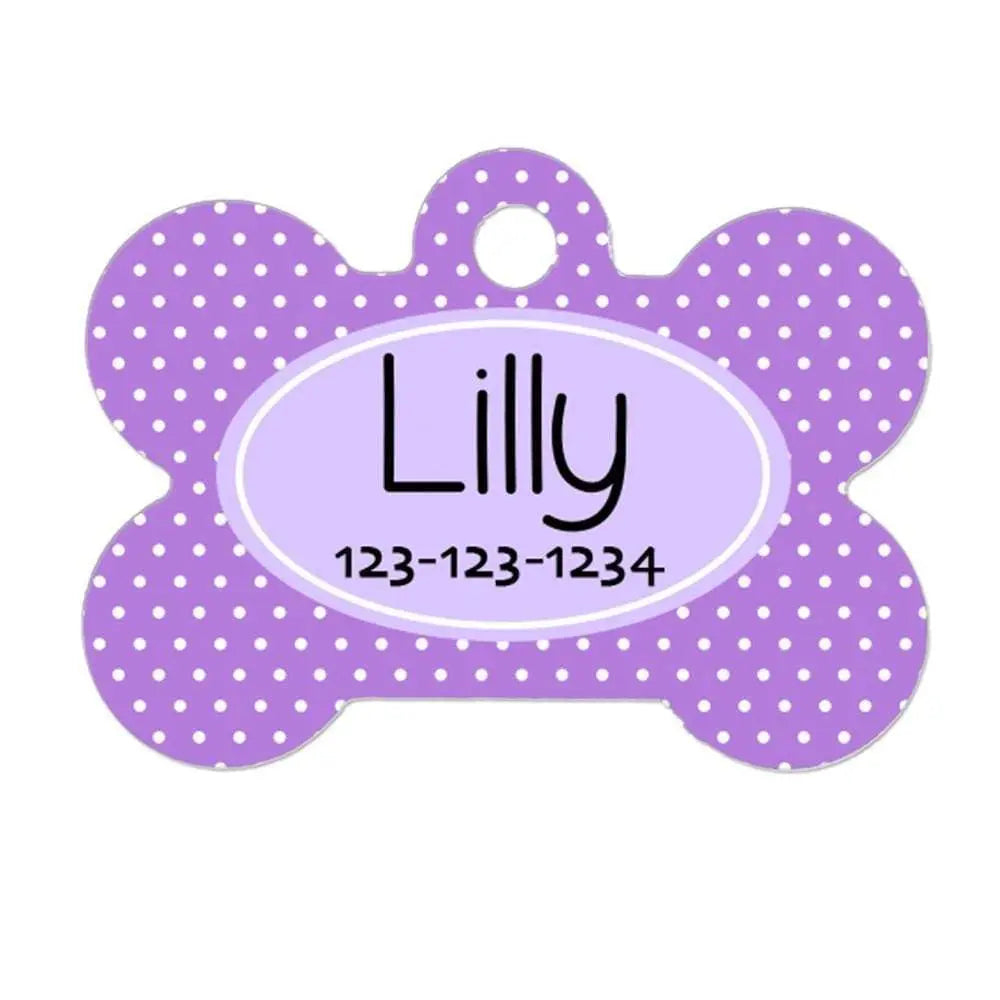 Personalized Bone Dog Tag -  Lavendar Purple Polka Dot Joyful Moose