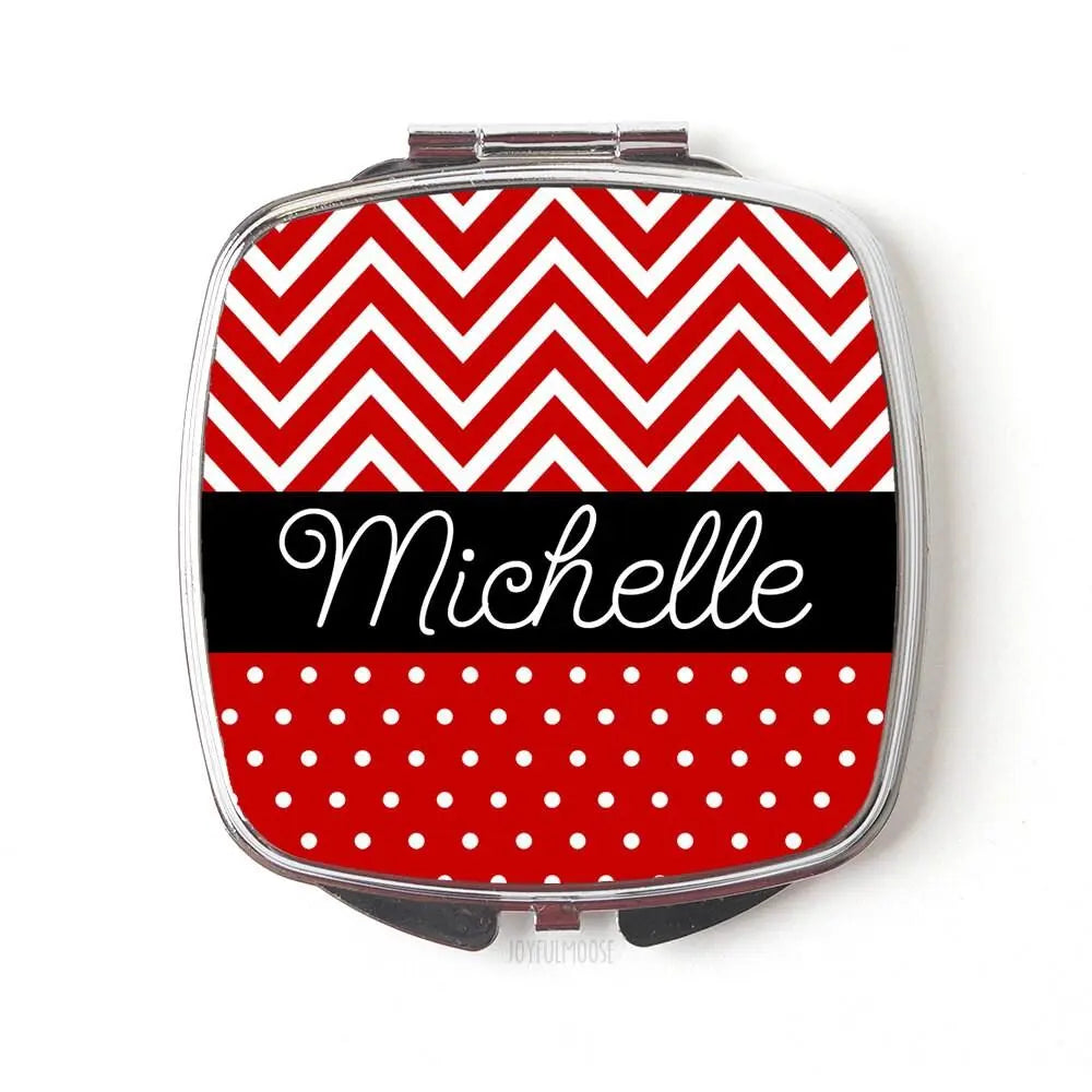 Personalized Bridesmaids Gifts, Personalized Compact Mirror, Red Black Chevron Polka Dot Personalized Purse Mirror, Custom Bridesmaid Gifts Joyful Moose
