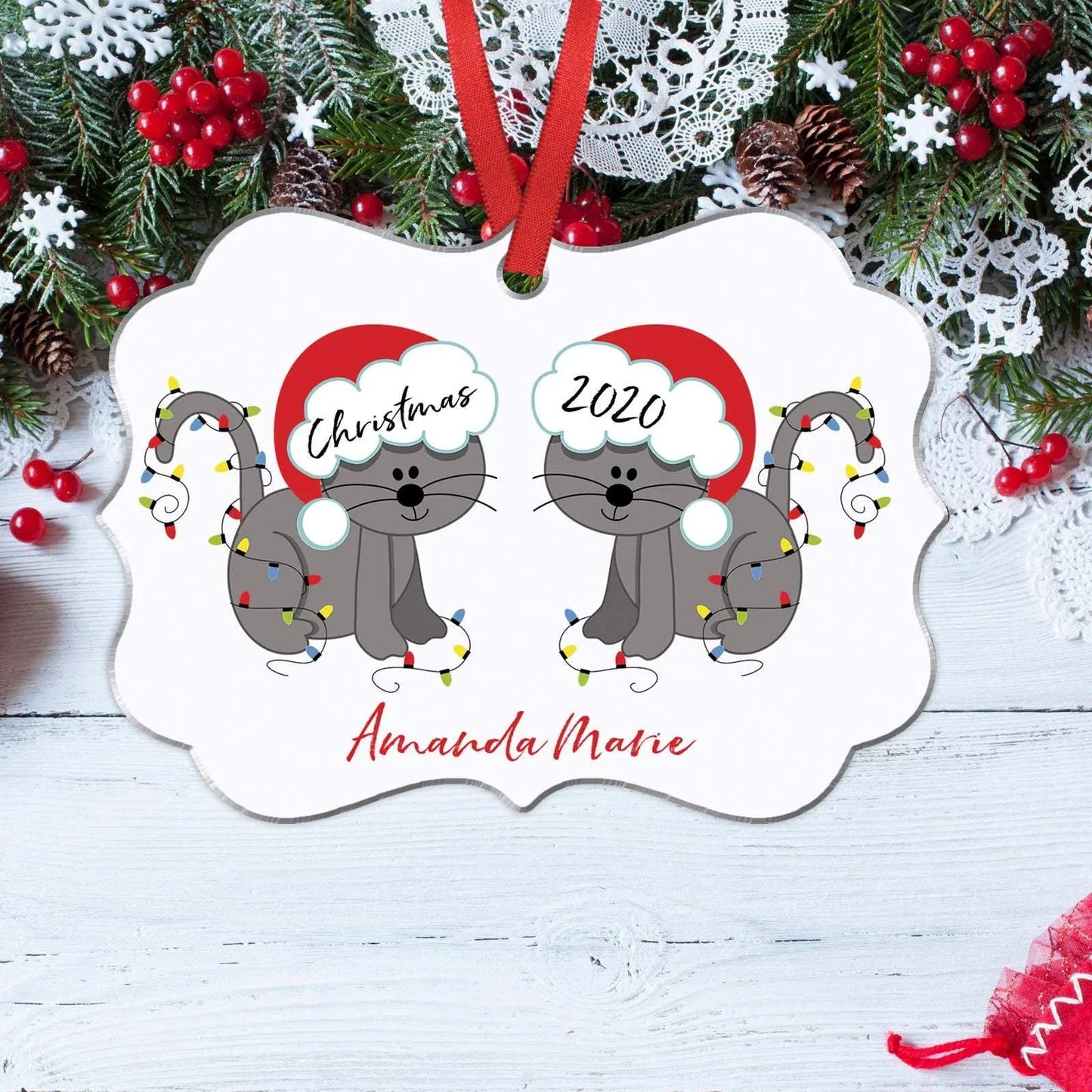 Personalized Cat Ornament, Christmas Ornament, cat lover gift, 2 gray cats, Christmas Gift for Cat Mom Joyful Moose