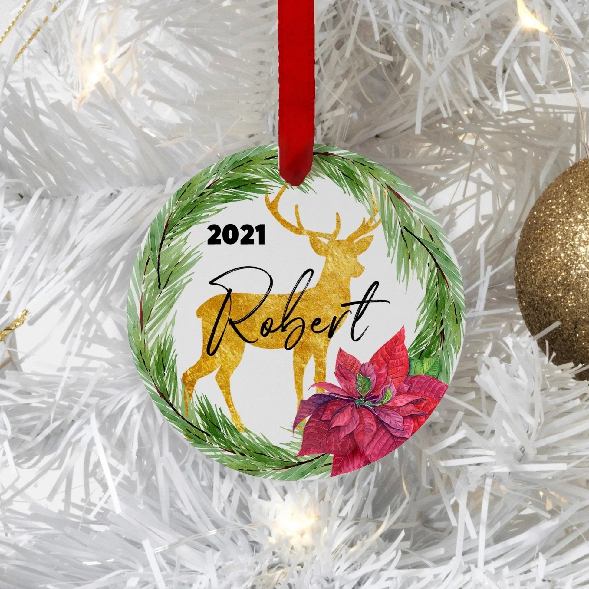 Personalized Christmas Ornament, Gold Reindeer Christmas Tree Ornament, Poinsettia & Fir wreath Personalized Tree Ornament Joyful Moose