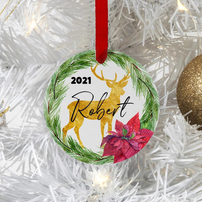 Personalized Christmas Ornament, Gold Reindeer Christmas Tree Ornament, Poinsettia & Fir wreath Personalized Tree Ornament Joyful Moose