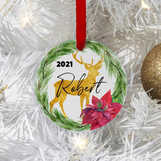 Personalized Christmas Ornament, Gold Reindeer Christmas Tree Ornament, Poinsettia & Fir wreath Personalized Tree Ornament Joyful Moose