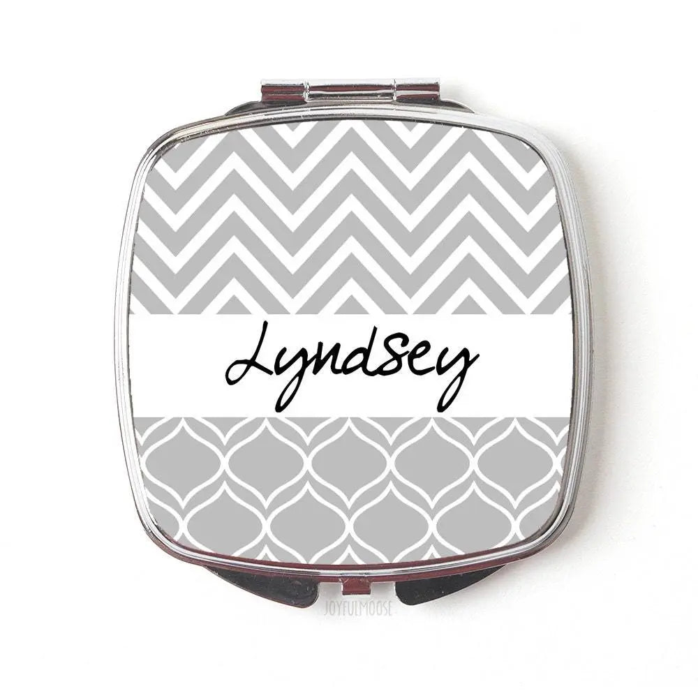 Personalized Compact Mirror, Gray Silver Wedding, compact mirror gift, Bridesmaid Compact Mirrors, small compact mirror, cute compact mirror Joyful Moose