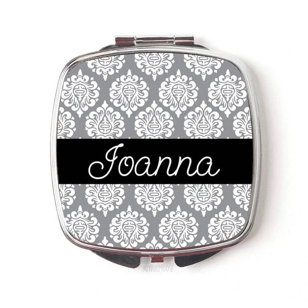 Personalized Compact Mirror - Personalized Bridesmaids Gifts - Gray Damask Compact Mirrors Joyful Moose