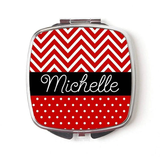 Red Chevron Personalized Compact Mirror Bridesmaids Gifts Joyful Moose