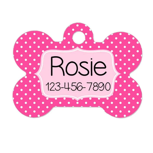 Personalized Dog Name Tag - Dog ID Tag - Custom Dog Collar Tag - Dog Tag Pink Polka Dots Joyful Moose