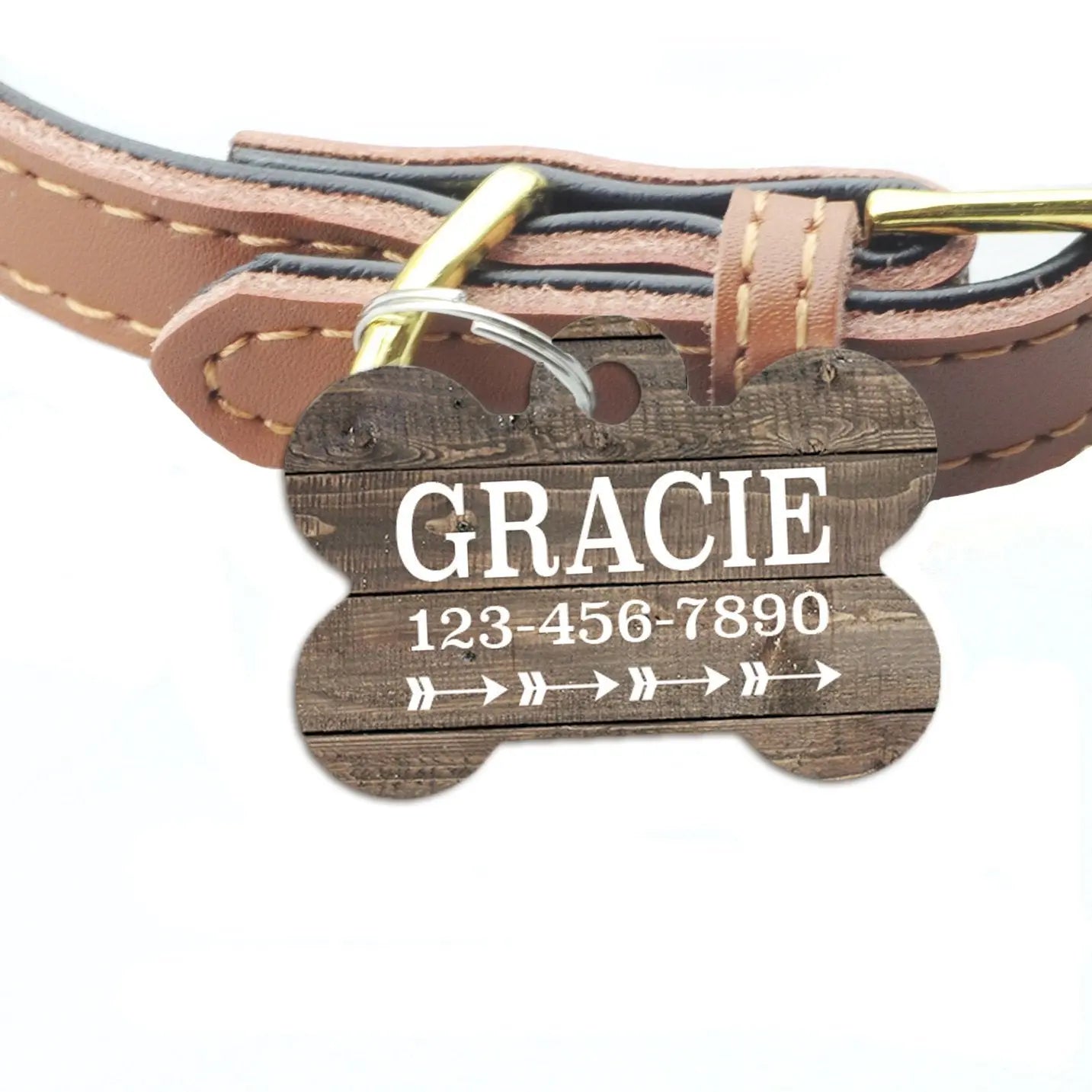 Personalized Dog Name Tag - Weathered Wood Pattern Metal Dog Collar Tag Joyful Moose