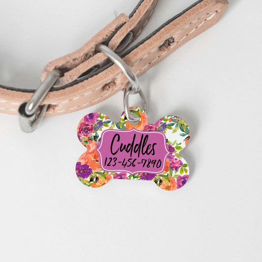 Personalized Pet ID Tag - Colorful Custom Floral Pet ID Tag - Orange Purple Dog Name Tag - Dog ID Tag - Dog Collar Name Tag Joyful Moose