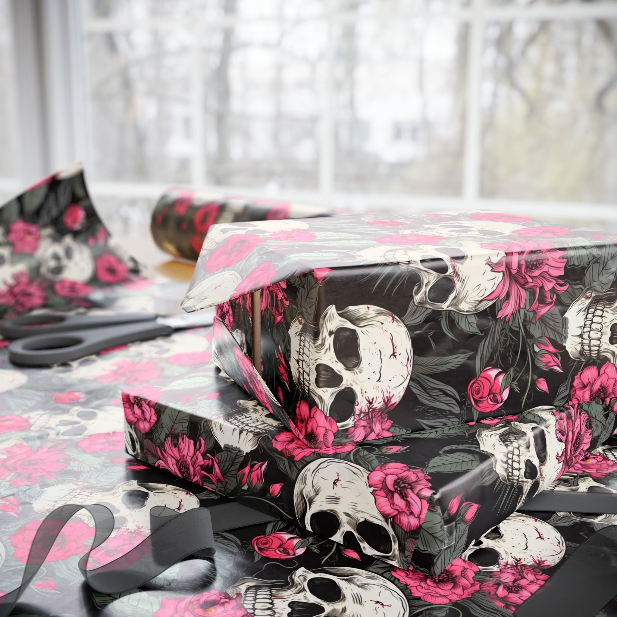Pink Flowers and Skulls Gift Wrap Goth Cloth Co.