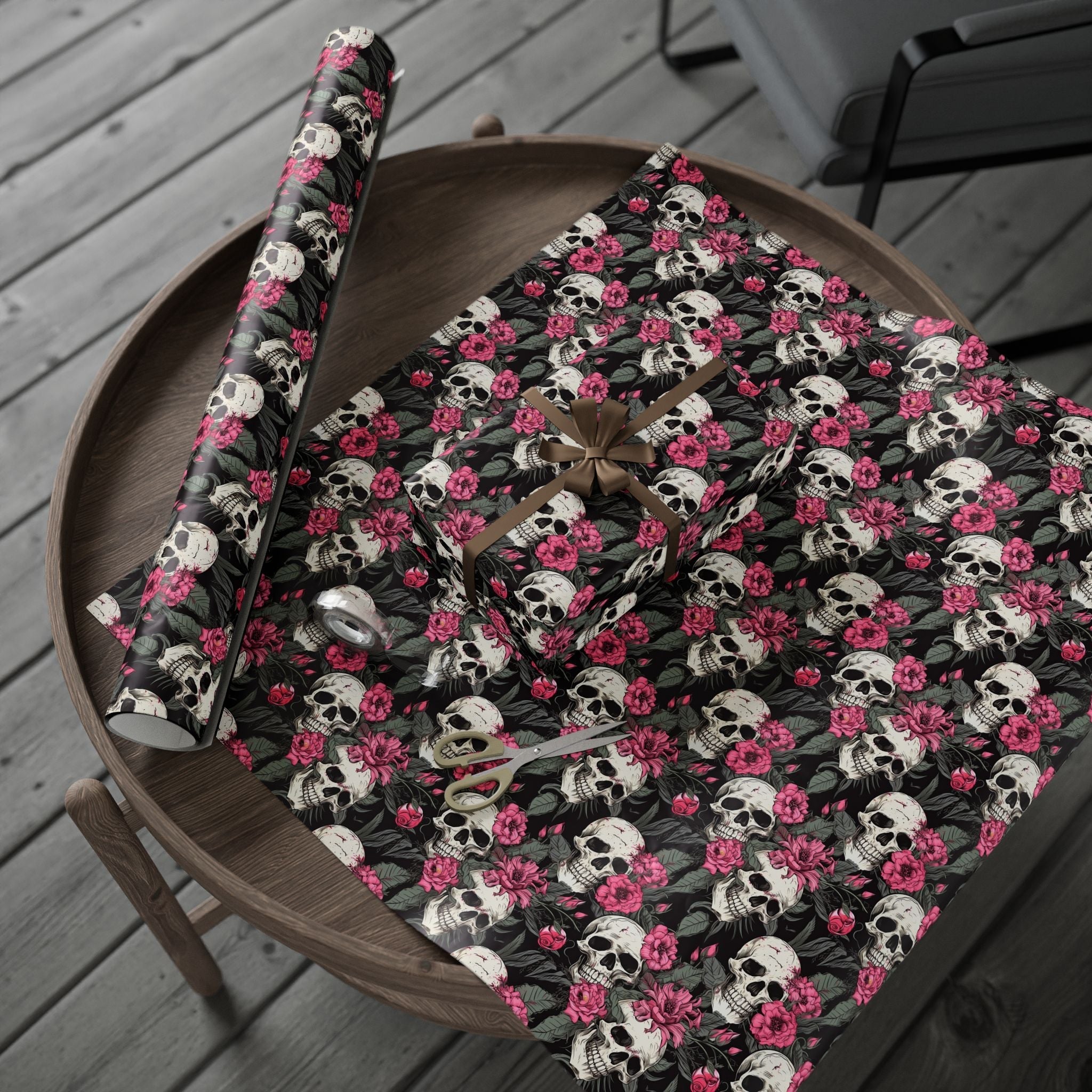 Pink Flowers and Skulls Gift Wrap Goth Cloth Co.