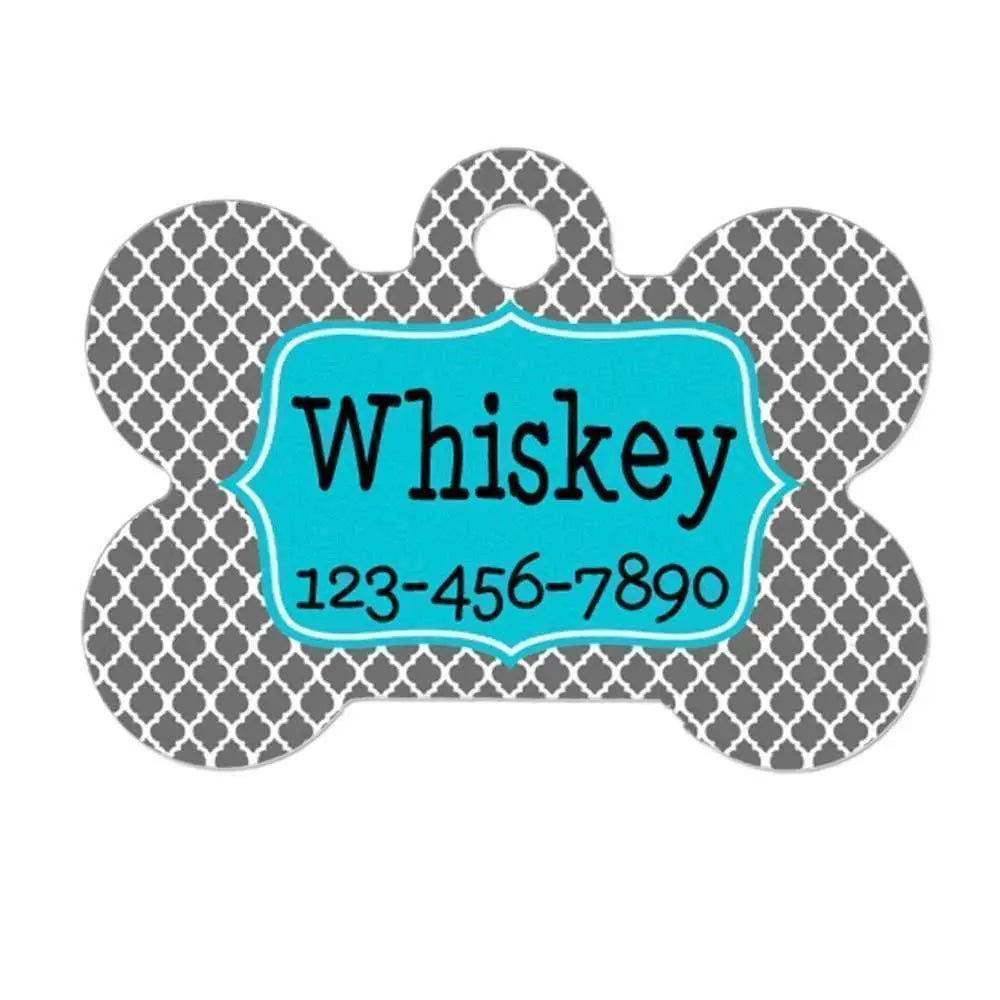 Quatrefoil Dog Name Tag - Dog Collar Name Tag - Turquoise Joyful Moose
