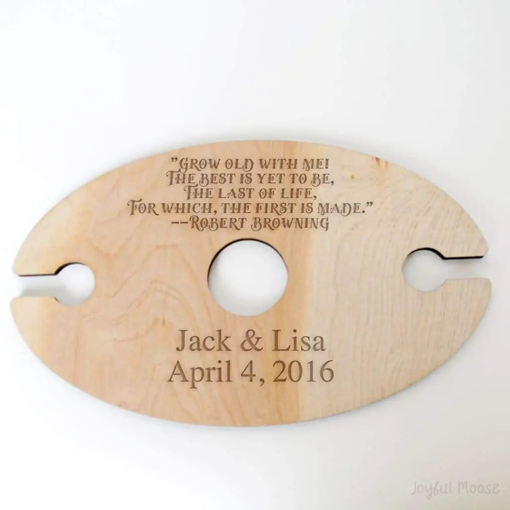 Wine Glass Holder - Wedding Gift - Robert Browning Quote - Personalized Wood Wine Glass Carrier Joyful Moose