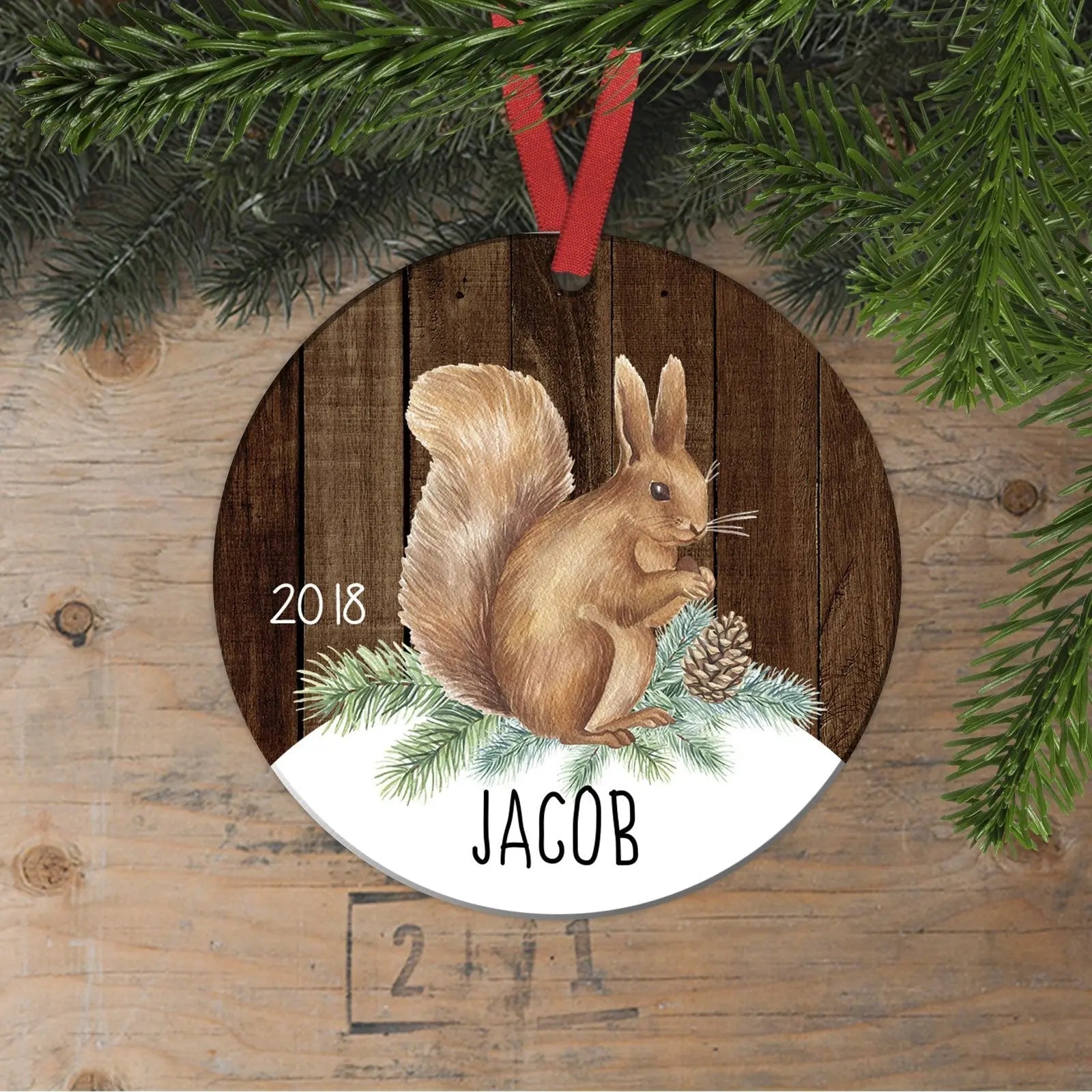 Woodland Christmas Ornament for Boys - Watercolor Squirrel Wildlife Custom Gift Joyful Moose